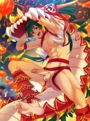 1boy abs absurdres barefoot camp_buddy chinese_new_year dragon eastern_dragon erection green_hair green_pubic_hair highres lantern lief_tealwood looking_at_viewer male_focus male_pubic_hair mikkoukun night nipples open_mouth penis pubic_hair public_indecency public_nudity solo tassel testicles toned toned_male