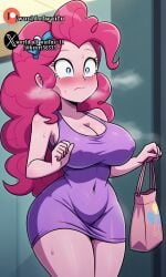 1girls ai_generated big_breasts blush breasts equestria_girls erect_nipples female female_only friendship_is_magic hasbro huge_breasts large_breasts minidress mlp_g4 mlp_oc my_little_pony nipple_bulge pinkie_pie_(eg) pinkie_pie_(mlp) purse solo solo_female sweat sweatdrop thick_thighs wavy_mouth wide_hips