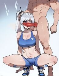 1boy ai_assisted ai_generated canine_penis collarbone compression_shorts faunus female hand_on_head heart-shaped_pupils kneehighs navel nude_male penis_awe rwby self_upload shiny_skin shorts sneakers socks sports_bra squatting sweat tongue_out viriai weiss_schnee white_hair