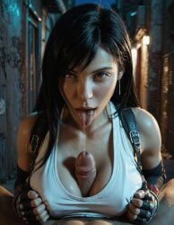 ai_generated alley final_fantasy final_fantasy_vii long_hair looking_at_viewer night paizuri realistic rtxfus rtxfus34 saliva saliva_string suspenders sweat tifa_lockhart titjob tongue tongue_out