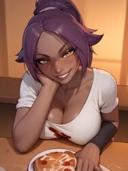 11_22 1girls ai_generated arm_warmers black_choker bleach blush cleavage food grin hand_on_chin hand_on_own_cheek huge_breasts large_breasts looking_at_viewer ponytail purple_hair seductive_smile shihouin_yoruichi white_shirt wide_hips yellow_eyes