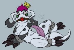 animal_genitalia ball_gag bandai_namco blush bondage bound charbold claws crown digimon digimon_(species) digital_media_(artwork) erection fan_character feral fur gag genital_slit genitals gomamon hair headgear male male_only mammal marine penis restraints solo spreader_bar teeth white_body