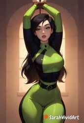 1girls ai_generated arms_above_head black_hair blush blushed bondage bound bound_wrists captured clothed female female female_focus green_eyes green_lips green_outfit kim_possible medium_breasts pale-skinned_female pale_skin prisoner sarahvividart seductive shego shiny_skin thick_thighs thin_waist wrists_tied