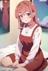 1girls ai_generated bedroom dress kanojo_okarishimasu pink_hair sakurasawa_sumi sitting_on_bed smile solo