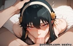 1boy 1boy1girl absurd_res ai_generated anime black_hair blowjob cute deepthroat face_fucking female female_focus female_penetrated hi_res highres irrumatio lingerie male male/female male_penetrating male_penetrating_female ozziru patreon pov pov_eye_contact red_eyes self_upload sexy spy_x_family straight tied_hair uncensored yor_briar yor_forger