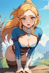 1girls ai_generated bent_over blonde_hair blue_eyes breasts breath_of_the_wild cleavage long_hair medium_breasts nintendo no_pants open_mouth open_shirt princess_zelda table takemehigh the_legend_of_zelda thick_thighs underwear zelda_(breath_of_the_wild)