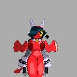 1girls black_hair brawl_stars colette_(brawl_stars) female female_only horn impie_colette_(brawl_stars) pierced_nipples piercing piercings pixel_art pumpkinz6 pussy red_skin simple_background succubus tail wings yellow_eyes