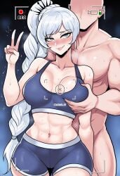 1boy ai_assisted ai_generated blue_eyes blush breast_grab cleavage cowboy_shot earrings female groping heart-shaped_pupils looking_at_viewer navel nervous nude_male peace_sign ponytail recording rwby self_upload shorts size_difference steam sweat trembling v viriai weiss_schnee white_hair