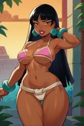 ai_generated bangle bangs bikini black_hair bracelet breasts brown_eyes cleavage dark_skin female jewelry large_breasts leaf lips long_hair navel palm_tree plant potted_plant solo swimsuit thigh_gap underboob