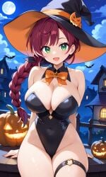 1girls aged_up ai_generated alternate_body_type alternate_breast_size big_breasts breasts chloe_(pokemon) cleavage collarbone female female_focus female_only game_freak green_eyes halloween halloween_costume huge_breasts human large_breasts light-skinned_female light_skin nintendo pokemon pokemon_journeys purple_hair revealing_clothes ryuzam sideboob skimpy skimpy_clothes smile solo upper_body witch witch_costume witch_hat