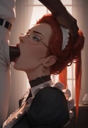 ai_generated blowjob glasses green_eyes hand_on_head interracial maid maid_headdress maid_outfit maid_uniform penis_in_mouth red_hair