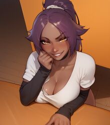 11_22 1girls ai_generated arm_warmers black_choker bleach blush cleavage from_above grin hand_on_chin hand_on_own_cheek huge_breasts large_breasts looking_at_viewer ponytail purple_hair seductive_smile shihouin_yoruichi white_shirt wide_hips yellow_eyes