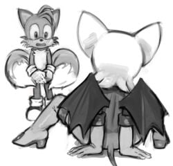 1boy 1boy1girl 1girls age_difference anthro badlydrawn bat blush canid canine covering covering_crotch duo female fox male male/female mammal older_female older_woman_and_younger_boy rouge_the_bat sega sonic_(series) sonic_the_hedgehog_(series) spread_legs spreading tails tails_the_fox younger_male