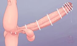 ass balls bambooshoot_(artist) censored erection full-package_futanari futa_only futanari huge_balls huge_cock hyper leg_up penis precum pussy solo truth_cola