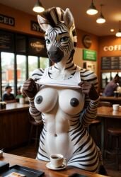 2024 ai_generated anthro beverage black_nipples blue_eyes breasts carnivalecloudmuncher clothing coffee coffee_cup coffee_mug coffee_shop container crop_top cup equid equine female flashing fur furniture furry hair hi_res mammal navel nipples nude public public_nudity self_upload shirt solo standing tagme topwear zebra