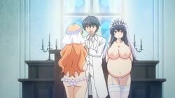 1boy 2girls black_hair breasts bride_veil candle cleavage clothed_male_nude_female gigantic_breasts hatsunegaoka_yui honoo_no_haramase_oppai_ero_appli_gakuen huge_breasts majime_masato naked naked_breasts naked_female nude nude_bride nude_female orange_hair pregnant pregnant_belly pregnant_bride pregnant_female pregnant_schoolgirl schoolgirl screencap uesaka_ayane wedding wedding_veil white_panties