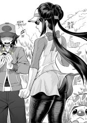 ass eyes_covered female game_freak hat jacket male nintendo pants pantyhose pokemon pokemon_(species) pokemon_trainer rosa_(pokemon) shirt skirt skirt_lift tekkin_papa