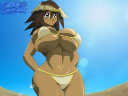 2012 abs alternate_breast_size big_breasts bikini breasts brown_hair bursting_breasts cleavage curvaceous curvy dark-skinned_female dark_skin dated desert egyptian eye_contact female green_eyes greengiant2012 huge_breasts konami looking_at_viewer mana_(yu-gi-oh!) shiny_skin smile solo spiky_hair swimsuit text thick thick_thighs underboob voluptuous white_bikini white_swimsuit wide_hips yu-gi-oh! yu-gi-oh!_duel_monsters