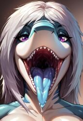 ai_generated anthro female female_only lizardladyai mawshot original_character plain_background purple_eyes saliva shark solo teeth