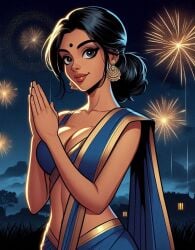 ai_generated big_breasts bindi black_eyes black_hair blouse cleavage dark_skin dark_skinned_female diwali earrings fireworks greeting hourglass_figure indian indian_clothes indian_female looking_at_viewer night night_sky red_lips red_lipstick round_breasts saree sari slim_waist smile smiling smiling_at_viewer tied_hair wide_hips