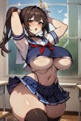 ai_generated big_breasts classroom curvaceous curvy curvy_figure female girl horny microskirt midriff miniskirt school_uniform schoolgirl skindentation textme thick_thighs thighhighs thighs thong_straps twintails underboob