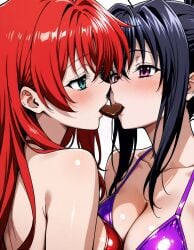 2girls ai_generated akeno_himejima black_hair blue_green_eyes blush bra breast_on_breasts chocolate chocolate_heart couple crimson_hair female_only high_school_dxd large_breasts lesbian light_skin looking_at_each_other rias_gremory romantic_couple very_long_hair violet_eyes yuri