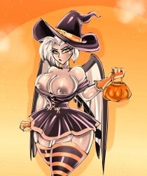 angel angel_wings big_breasts bitterbunz costume halloween halo hazbin_hotel lute_(hazbin_hotel) nervous witch witch_costume witch_hat