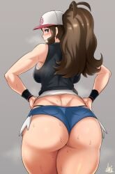 2d_(artwork) back_view backboob bare_thighs big_ass big_butt brunette_hair fat_ass game_freak gigantic_ass gigantic_breasts hat hi_res highres hilda_(pokemon) huge_breasts huge_thighs jmg light-skinned_female light_skin looking_back massive_ass massive_breasts nintendo pokemon pokemon_bw ponytail purple_eyes short_shorts solo_female squatting sweat sweatdrop thick_body thick_female thick_thighs thighs voluptuous