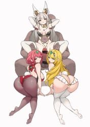 1boy 3girls absurdres all_fours animal_ears arms_up ass bar_censor black_pantyhose blonde_hair blush breasts cat_ears censored chest_jewel erection gloves grey_hair headpiece highres holding_another's_leg lamsass large_breasts long_hair looking_at_viewer multiple_girls mythra_(xenoblade) netorare nia_(xenoblade) open_mouth pantyhose penis pyra_(xenoblade) rabbit_tail red_eyes red_hair short_hair simple_background spread_legs straight swept_bangs tail testicles thighhighs tongue tongue_out white_background white_gloves white_thighhighs xenoblade_chronicles_(series) xenoblade_chronicles_2 yellow_eyes