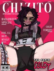 ambiguous_gender big_thighs braid character_request chizito coldy_hands femboy looking_at_viewer magazine magazine_cover maid maid_uniform short_hair spread_legs suggestive suggestive_pose