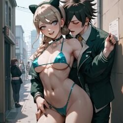 1boy1girl ai_generated akamatsu_kaede bare_shoulders big_breasts bikini_top blonde_hair collar_ring couple_focus danganronpa danganronpa_v3 outdoors saihara_shuuichi slender_body smile