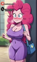 1girls ai_generated big_breasts blush breasts cleavage dress equestria_girls erect_nipples female female_only friendship_is_magic hasbro large_breasts minidress mlp_g4 my_little_pony nipple_bulge pinkie_pie_(eg) pinkie_pie_(mlp) pokies purse solo solo_female wide_eyed wide_hips