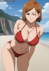 ai_generated aindroidparanoid ass beach big_ass big_breasts bikini breasts busty cameltoe curvy fat_ass female female_only hips huge_ass huge_breasts island jujutsu_kaisen kugisaki_nobara large_ass large_breasts narrow_waist nipples orange_eyes orange_hair outdoors short_hair sitting slim slim_waist stable_diffusion voluptuous