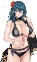 bare_shoulders belt bikini black_belt black_bikini black_choker blue_eyes blue_hair breasts byleth_(female)_(fire_emblem) byleth_(female)_(summer)_(fire_emblem) byleth_(fire_emblem) byleth_(fire_emblem)_(female) choker cleavage covered_nipples cowboy_shot dagger female fire_emblem fire_emblem:_three_houses fire_emblem_heroes flower hair_flower hair_ornament hand_up highres knife large_breasts long_hair looking_at_viewer mali-sa navel official_alternate_costume red_flower sideboob simple_background smile solo standing stomach swimsuit weapon white_background