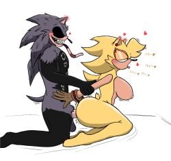 anal_sex big_ass big_balls big_breasts big_penis hand_grab kyofu_(sonic.exe) lord_x_(guardians) sex sex_on_bed sonic.exe_(character) sonic.exe_(series) text white_background yellow_fur yokubo_(sonic.exe)