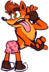 1boy 2018 anthro anthro_only ass crash_(series) crash_bandicoot fingerless_gloves footwear furry furry_male furry_only goronic green_eyes heart_underwear male male_only marsupial orange_fur solo tongue tongue_out transparent_background underwear video_games