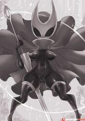 anthro arthropod black_eyes breasts cloak clothed clothing featureless female girlsay hi_res hollow_knight horn hornet_(hollow_knight) insects navel nipples non-mammal_breasts pussy solo thick_thighs weapon