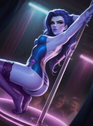 1girls ai_generated crowd crowd_watching dancing dress erect_nipples erect_nipples_under_clothes feet kneeling lace lingerie looking_at_viewer looking_back multiple_boys overwatch panties pole pole_dancing ragen ragen_nsfw seductive seductive_pose stockings stripper_pole striptease tiptoes widowmaker