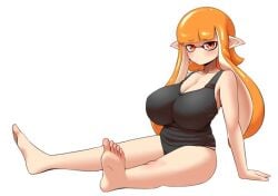 breasts breasts feet huge_breasts humongous_breasts inkling inkling_girl kaori_(splatoon) looking_at_viewer massive_breasts massive_tits nintendo nobunagapero sitting_down splatoon worried_expression