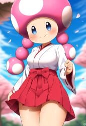 1girls aged_up ai_generated black_eyes breasts female_focus japanese_clothes mario_(series) mushroom_humanoid nintendo novelai pink_hair shrine_maiden super_mario_bros. toadette twin_braids