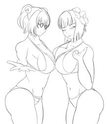 2girls beckoning bell bikini breasts checkered error flower glasses hieda_no_akyuu kosuzu_motoori large_breasts monochrome morbo22 older short_hair smile touhou wink