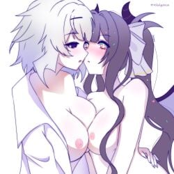 2girls areolae blush breasts breasts_out demon_horns hair_ribbon hairclip hand_on_another's_back horns huge_breasts jacket lesbian long_hair multiple_girls nipples open_jacket purple_eyes purple_hair q-chan_(yunyun_denpa_syndrome) ribbon sharkgutskami short_hair twintails white_hair white_jacket white_ribbon yunyun_(yunyun_denpa_syndrome) yunyun_denpa_syndrome yuri