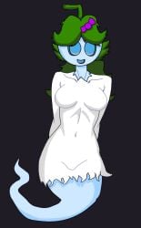 bad_anatomy bad_art bad_drawing dress full_body ghost_girl ghost_pepper_(pvz) ghost_tail green_hair happy light-skinned_female medium_breasts plants_vs_zombies simple simple_background simple_shading torn_clothes