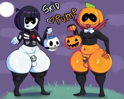 2boys 2femboys aged_up big_butt big_thighs black_hair bubble_ass bubble_butt caged_cock chastity_cage clothed clothing fat_ass fat_butt femboy femboy_focus femboy_only feminine_male halloween khadhunter7 looking_at_viewer moon night partially_clothed prowler_(khadhunter7) pump_(srpelo) simple_background skid_(srpelo) spooky_month stockings tongue tongue_out trap