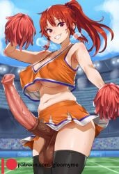 1futa ai_generated armpits belly cheerleader cleavage covered_nipples futanari gloomyme horsecock horsecock_futanari large_breasts large_penis large_testicles midriff miniskirt motion_lines navel outdoors patreon_username pom_poms ponytail red_eyes red_hair smile solo stadium standing sweat teeth thighhighs underboob veiny_penis watermark zettai_ryouiki