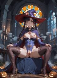 ai_generated akira_hentai altar black_choker black_gloves black_hair black_pantyhose bra breasts breasts_exposed_ candles capelet dark detached_sleeves female fur_collar genshin genshin_impact gold_footwear halloween high_heels highleg-leotard long_hair long_sleeves magic mona mysterious nipples pumpkins purple_leotard seductive sexy shadows sitting stained-glass stone thighlet titswitch twintails