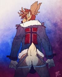 anthro antlers anus ass bulge cervid cervine clothing coat fluffy fluffy_tail horn jegermaistro jockstrap looking_back male male_only mammal pose raised_tail short_tail sky3 solo solo_male underwear