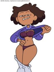 accurate_art_style amphibia amphibia_(series) brown_hair brown_skin clothed clothing clothing_lift disney disney_channel front_view hand_on_hip looking_at_viewer mature_female milf mrs._boonchuy panties pants_down semi_nude smile sweater the_cartoon_love underwear