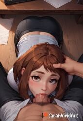 1boy 1girls ai_generated ass big_penis blowjob blush blushed brown_hair clothed clothed_oral clothed_sex cute_face fellatio female female_focus in_office indoors inside large_penis looking_at_viewer my_hero_academia ochako_uraraka office office_lady oral penis petite petite_body sarahvividart seductive seductive_eyes seductive_look shiny_skin short_hair skirt sucking sucking_penis superheroine under_desk uraraka_ochako