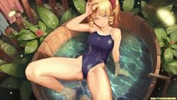 1girls blonde_hair blue_eyes cameltoe female female_only looking_at_viewer one-piece_swimsuit saltyicecream solo spread_legs swimsuit wet